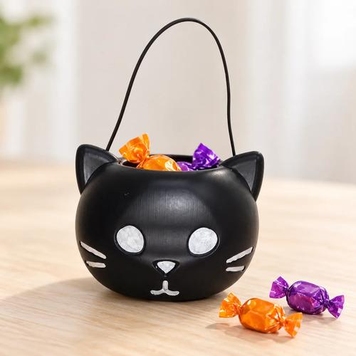 Cubo Dulcero de Gato Negro para Halloween - Recipiente de Plástico con Orejas y Asa para Dulces (Trick or Treat)