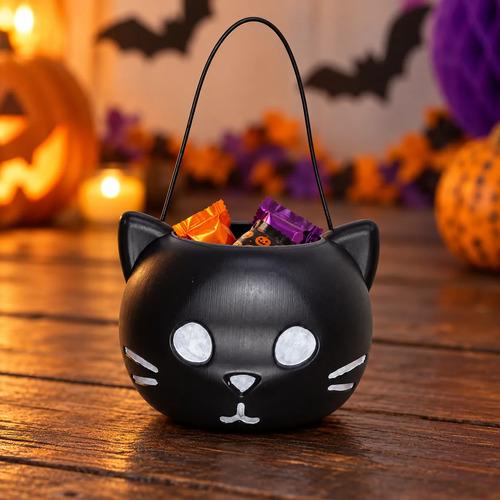 Cubo Dulcero de Gato Negro para Halloween - Recipiente de Plástico con Orejas y Asa para Dulces (Trick or Treat)