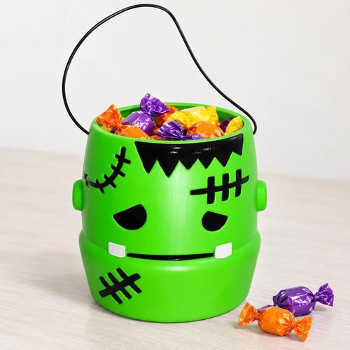 Cubo Dulcero de Monstruo Frankenstein para Halloween - Recipiente de Plástico con Asa Negra para Dulces (Trick or Treat)