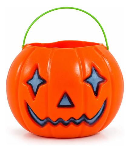 Cubo Dulcero Calabaza de Halloween con Ojos de Estrella y Asa Verde - Recipiente de Plástico para Dulces (Trick or Treat)