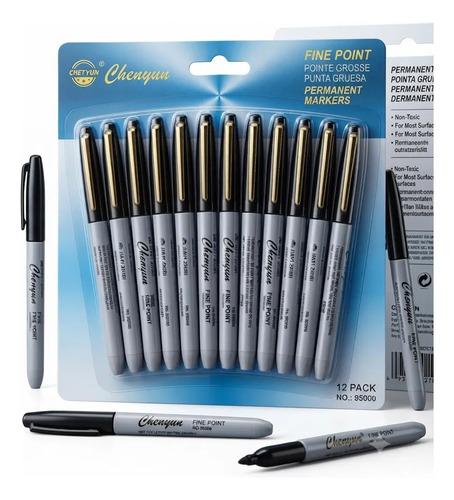 Pack 12 Marcadores Plumones Permanentes Negros Fine Point Ch