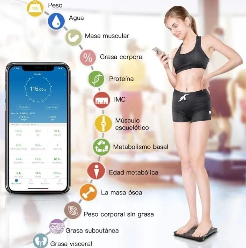 Bascula Balanza Digital Inteligente con App de Control de Peso Color Negro Ele-Gate || Báscula Inteligente Ele-Gate 180kg Bluetooth App IMC