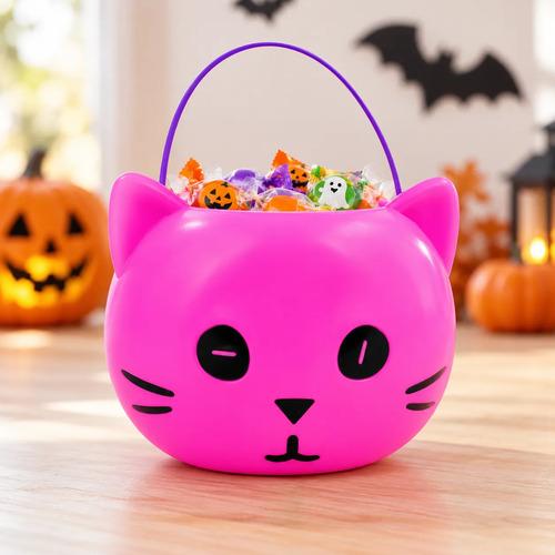 Cubo Dulcero de Gato para Halloween - Recipiente de Plástico con Asa para Dulces (Trick or Treat)
