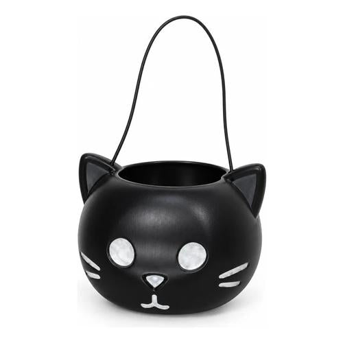 Cubo Dulcero de Gato Negro para Halloween - Recipiente de Plástico con Orejas y Asa para Dulces (Trick or Treat)