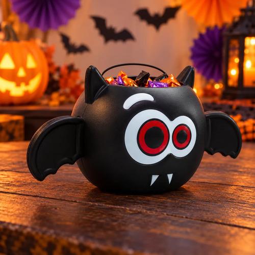 Cubo Dulcero de Murciélago para Halloween - Recipiente de Plástico con Alas y Asa para Dulces (Trick or Treat)