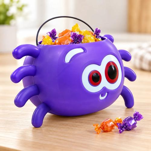 Cubo Dulcero de Araña para Halloween - Recipiente de Plástico Morado con Patas y Asa para Dulces (Trick or Treat)