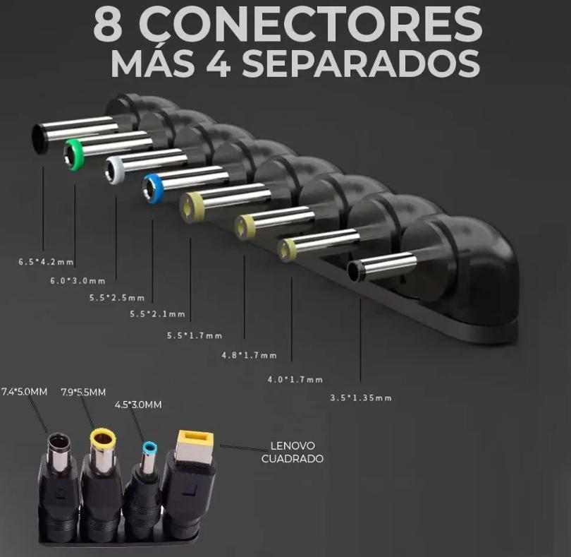 Cargador Universal Multilaptops 12 conectores 12–24v 96w Conectores Intercambiables Máxima Compatibilidad Color Negro Ele-Gate