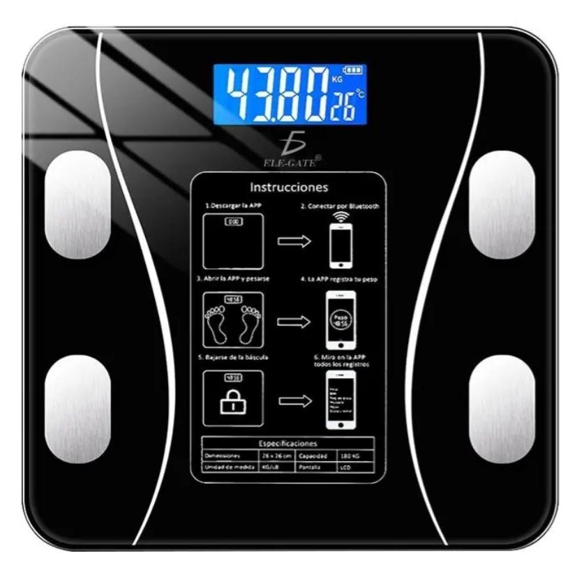 Bascula Balanza Digital Inteligente con App de Control de Peso Color Negro Ele-Gate || Báscula Inteligente Ele-Gate 180kg Bluetooth App IMC
