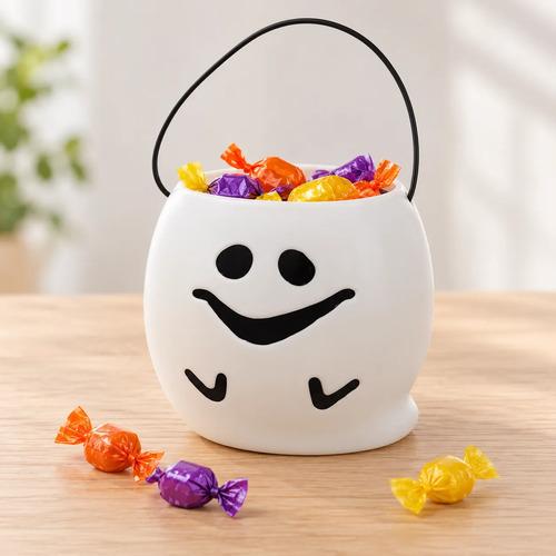 Cubo Dulcero de Fantasma para Halloween - Recipiente de Plástico Blanco con Asa Negra para Dulces (Trick or Treat)