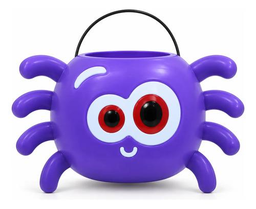 Cubo Dulcero de Araña para Halloween - Recipiente de Plástico Morado con Patas y Asa para Dulces (Trick or Treat)