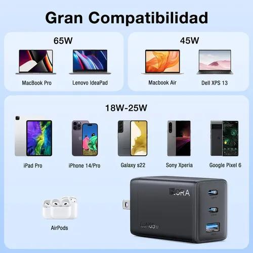 Cargador Tipo C 65W PD GaN 1Hora con 3 Puertos, Cubo de Carga Rápido Pared con Cable USB C a C Compatible con iPhon 17 16 15 Pro MAX, Samsung Galaxy S26 S25 S23 S22 A16, MacBook Pro/Air, iPad Pro