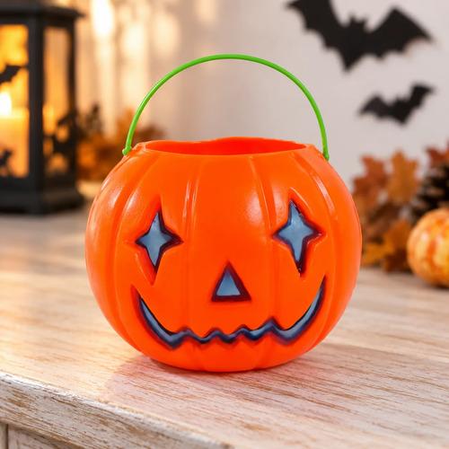 Cubo Dulcero Calabaza de Halloween con Ojos de Estrella y Asa Verde - Recipiente de Plástico para Dulces (Trick or Treat)