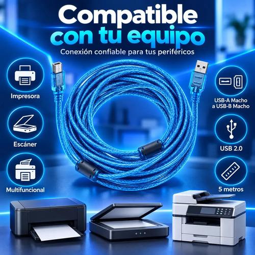Cable Azul Usb A-B Macho de 5m para Impresora Escaner Multifuncional
