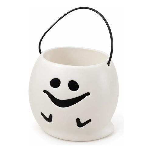 Cubo Dulcero de Fantasma para Halloween - Recipiente de Plástico Blanco con Asa Negra para Dulces (Trick or Treat)