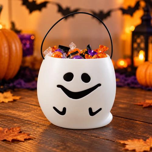 Cubo Dulcero de Fantasma para Halloween - Recipiente de Plástico Blanco con Asa Negra para Dulces (Trick or Treat)