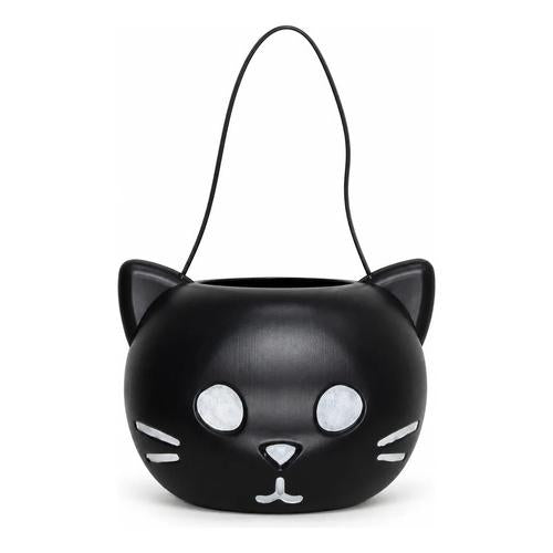Cubo Dulcero de Gato Negro para Halloween - Recipiente de Plástico con Orejas y Asa para Dulces (Trick or Treat)