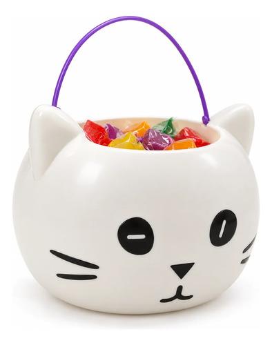 Cubo Dulcero de Gato para Halloween - Recipiente de Plástico con Asa para Dulces (Trick or Treat)