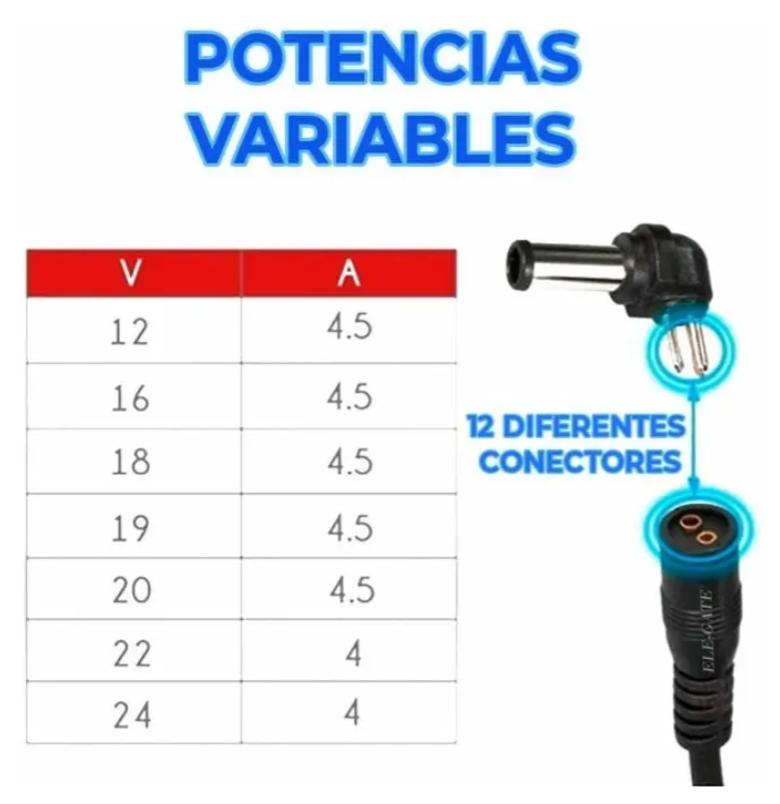 Cargador Universal Multilaptops 12 conectores 12–24v 96w Conectores Intercambiables Máxima Compatibilidad Color Negro Ele-Gate