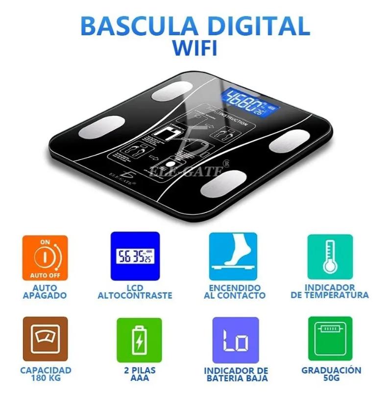 Bascula Balanza Digital Inteligente con App de Control de Peso Color Negro Ele-Gate || Báscula Inteligente Ele-Gate 180kg Bluetooth App IMC