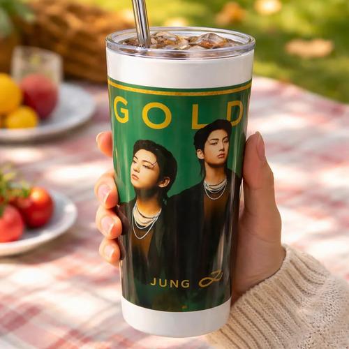 Termo Metálico Kpop Con Popote Vaso Térmico De Acero Golden