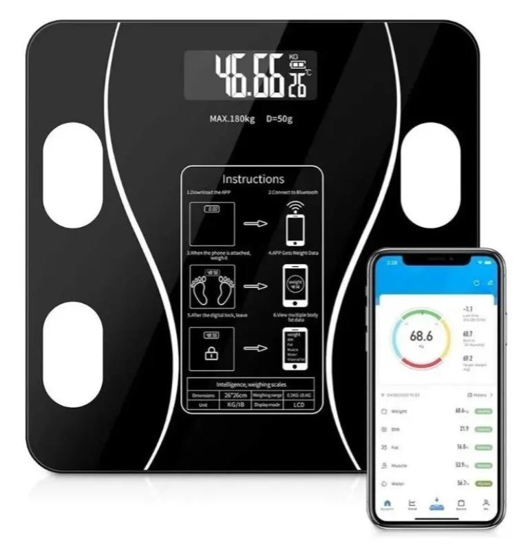 Bascula Balanza Digital Inteligente con App de Control de Peso Color Negro Ele-Gate || Báscula Inteligente Ele-Gate 180kg Bluetooth App IMC