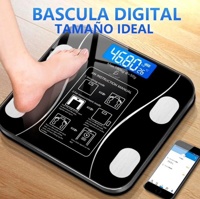 Bascula Balanza Digital Inteligente con App de Control de Peso Color Negro Ele-Gate || Báscula Inteligente Ele-Gate 180kg Bluetooth App IMC