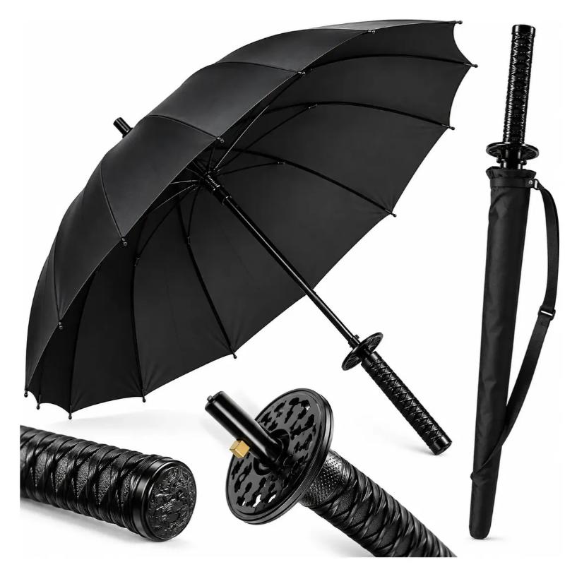 Sombrilla Katana Paraguas Samurai Estilo Demon Slayer Tela Chunya Alta Densidad Resistente Lluvia Sol Color Negro Ele-Gate