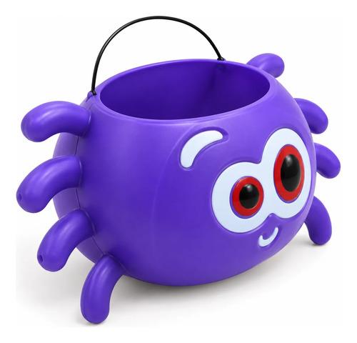 Cubo Dulcero de Araña para Halloween - Recipiente de Plástico Morado con Patas y Asa para Dulces (Trick or Treat)