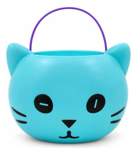 Cubo Dulcero de Gato para Halloween - Recipiente de Plástico con Asa para Dulces (Trick or Treat)