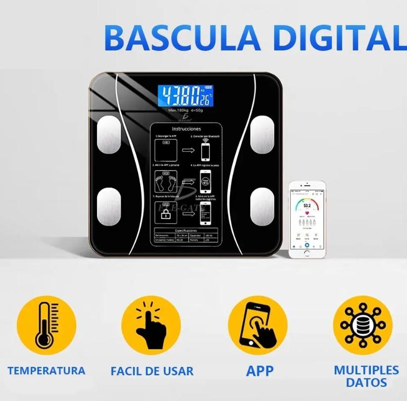 Bascula Balanza Digital Inteligente con App de Control de Peso Color Negro Ele-Gate || Báscula Inteligente Ele-Gate 180kg Bluetooth App IMC