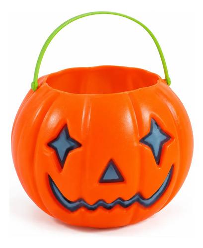 Cubo Dulcero Calabaza de Halloween con Ojos de Estrella y Asa Verde - Recipiente de Plástico para Dulces (Trick or Treat)