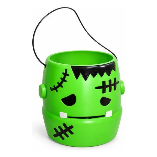 Cubo Dulcero de Monstruo Frankenstein para Halloween - Recipiente de Plástico con Asa Negra para Dulces (Trick or Treat)