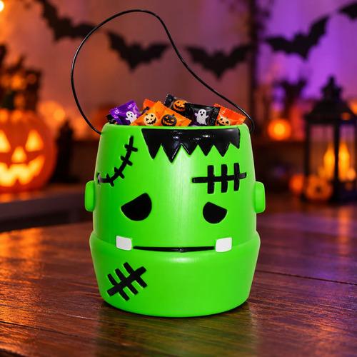 Cubo Dulcero de Monstruo Frankenstein para Halloween - Recipiente de Plástico con Asa Negra para Dulces (Trick or Treat)