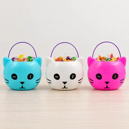 Cubo Dulcero de Gato para Halloween - Recipiente de Plástico con Asa para Dulces (Trick or Treat)
