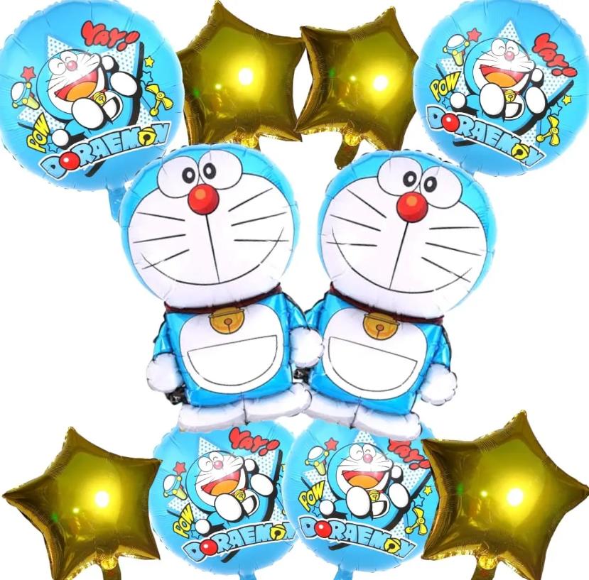 Kit Doraemon de 5 Globos Metalizados | Fiesta Azul y Dorada Set