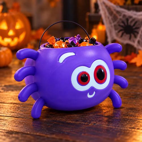 Cubo Dulcero de Araña para Halloween - Recipiente de Plástico Morado con Patas y Asa para Dulces (Trick or Treat)