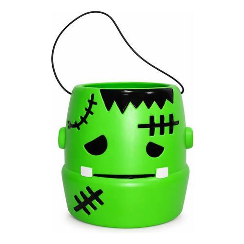 Cubo Dulcero de Monstruo Frankenstein para Halloween - Recipiente de Plástico con Asa Negra para Dulces (Trick or Treat)