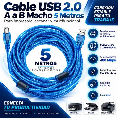 Cable Azul Usb A-B Macho de 5m para Impresora Escaner Multifuncional