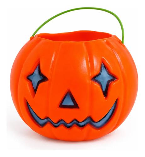 Cubo Dulcero Calabaza de Halloween con Ojos de Estrella y Asa Verde - Recipiente de Plástico para Dulces (Trick or Treat)